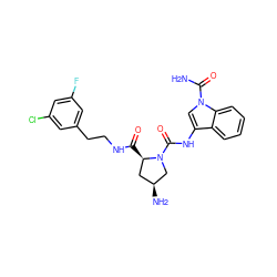 NC(=O)n1cc(NC(=O)N2C[C@@H](N)C[C@H]2C(=O)NCCc2cc(F)cc(Cl)c2)c2ccccc21 ZINC000148177849