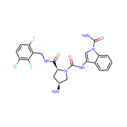NC(=O)n1cc(NC(=O)N2C[C@@H](N)C[C@H]2C(=O)NCc2c(F)ccc(Cl)c2F)c2ccccc21 ZINC000143999820