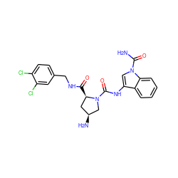 NC(=O)n1cc(NC(=O)N2C[C@@H](N)C[C@H]2C(=O)NCc2ccc(Cl)c(Cl)c2)c2ccccc21 ZINC000143979885