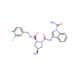 NC(=O)n1cc(NC(=O)N2C[C@@H](N)C[C@H]2C(=O)NCc2ccc(F)c(Cl)c2)c2ccccc21 ZINC000143960457