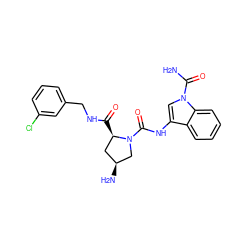 NC(=O)n1cc(NC(=O)N2C[C@@H](N)C[C@H]2C(=O)NCc2cccc(Cl)c2)c2ccccc21 ZINC000148513673