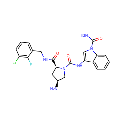 NC(=O)n1cc(NC(=O)N2C[C@@H](N)C[C@H]2C(=O)NCc2cccc(Cl)c2F)c2ccccc21 ZINC000148302257