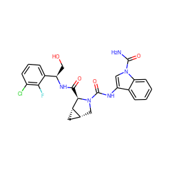 NC(=O)n1cc(NC(=O)N2C[C@@H]3C[C@@H]3[C@H]2C(=O)N[C@H](CO)c2cccc(Cl)c2F)c2ccccc21 ZINC000148075466