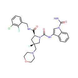 NC(=O)n1cc(NC(=O)N2C[C@](F)(CN3CCOCC3)C[C@H]2C(=O)NCc2cccc(Cl)c2F)c2ccccc21 ZINC000205053398
