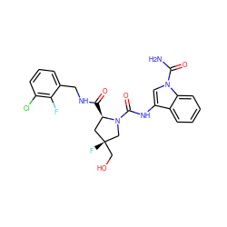 NC(=O)n1cc(NC(=O)N2C[C@](F)(CO)C[C@H]2C(=O)NCc2cccc(Cl)c2F)c2ccccc21 ZINC000205053830