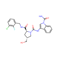 NC(=O)n1cc(NC(=O)N2C[C@H](CO)C[C@H]2C(=O)NCc2cccc(Cl)c2F)c2ccccc21 ZINC000148459229