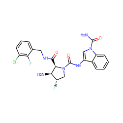NC(=O)n1cc(NC(=O)N2C[C@H](F)[C@@H](N)[C@H]2C(=O)NCc2cccc(Cl)c2F)c2ccccc21 ZINC000148418240