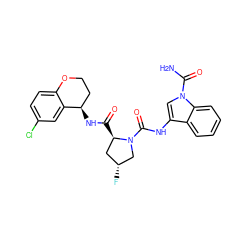 NC(=O)n1cc(NC(=O)N2C[C@H](F)C[C@H]2C(=O)N[C@@H]2CCOc3ccc(Cl)cc32)c2ccccc21 ZINC000148068640