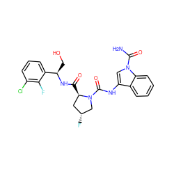 NC(=O)n1cc(NC(=O)N2C[C@H](F)C[C@H]2C(=O)N[C@H](CO)c2cccc(Cl)c2F)c2ccccc21 ZINC000148213183