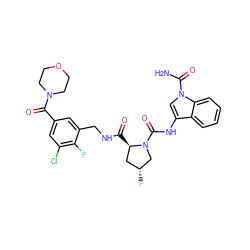 NC(=O)n1cc(NC(=O)N2C[C@H](F)C[C@H]2C(=O)NCc2cc(C(=O)N3CCOCC3)cc(Cl)c2F)c2ccccc21 ZINC000148191409