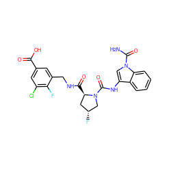 NC(=O)n1cc(NC(=O)N2C[C@H](F)C[C@H]2C(=O)NCc2cc(C(=O)O)cc(Cl)c2F)c2ccccc21 ZINC000148159291
