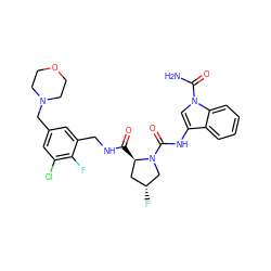NC(=O)n1cc(NC(=O)N2C[C@H](F)C[C@H]2C(=O)NCc2cc(CN3CCOCC3)cc(Cl)c2F)c2ccccc21 ZINC000148291224