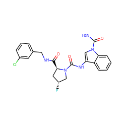 NC(=O)n1cc(NC(=O)N2C[C@H](F)C[C@H]2C(=O)NCc2cccc(Cl)c2)c2ccccc21 ZINC000148170620