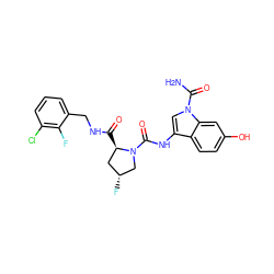 NC(=O)n1cc(NC(=O)N2C[C@H](F)C[C@H]2C(=O)NCc2cccc(Cl)c2F)c2ccc(O)cc21 ZINC000148185506