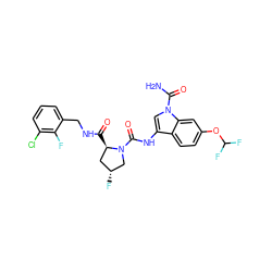 NC(=O)n1cc(NC(=O)N2C[C@H](F)C[C@H]2C(=O)NCc2cccc(Cl)c2F)c2ccc(OC(F)F)cc21 ZINC000205056246