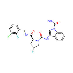 NC(=O)n1cc(NC(=O)N2C[C@H](F)C[C@H]2C(=O)NCc2cccc(Cl)c2F)c2ccccc21 ZINC000148325890