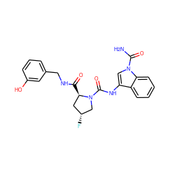 NC(=O)n1cc(NC(=O)N2C[C@H](F)C[C@H]2C(=O)NCc2cccc(O)c2)c2ccccc21 ZINC000148354395
