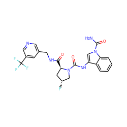 NC(=O)n1cc(NC(=O)N2C[C@H](F)C[C@H]2C(=O)NCc2cncc(C(F)(F)F)c2)c2ccccc21 ZINC000148321350