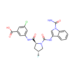 NC(=O)n1cc(NC(=O)N2C[C@H](F)C[C@H]2C(=O)Nc2cc(Cl)cc(C(=O)O)c2)c2ccccc21 ZINC000148258510