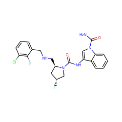 NC(=O)n1cc(NC(=O)N2C[C@H](F)C[C@H]2CNCc2cccc(Cl)c2F)c2ccccc21 ZINC000148216098