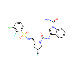 NC(=O)n1cc(NC(=O)N2C[C@H](F)C[C@H]2CNS(=O)(=O)c2cccc(Cl)c2F)c2ccccc21 ZINC000148205656