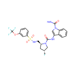 NC(=O)n1cc(NC(=O)N2C[C@H](F)C[C@H]2CNS(=O)(=O)c2cccc(OC(F)(F)F)c2)c2ccccc21 ZINC000148342127
