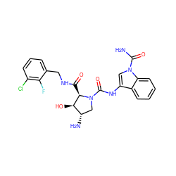 NC(=O)n1cc(NC(=O)N2C[C@H](N)[C@@H](O)[C@H]2C(=O)NCc2cccc(Cl)c2F)c2ccccc21 ZINC000205056490