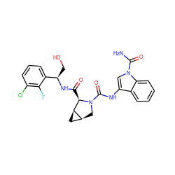 NC(=O)n1cc(NC(=O)N2C[C@H]3C[C@H]3[C@H]2C(=O)N[C@H](CO)c2cccc(Cl)c2F)c2ccccc21 ZINC000200850931