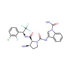 NC(=O)n1cc(NC(=O)N2CC[C@@H](N)[C@H]2C(=O)N[C@@H](c2cccc(Cl)c2F)C(F)(F)F)c2ccccc21 ZINC000148438387