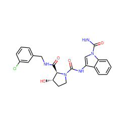 NC(=O)n1cc(NC(=O)N2CC[C@H](O)[C@H]2C(=O)NCc2cccc(Cl)c2)c2ccccc21 ZINC000148363028
