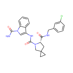 NC(=O)n1cc(NC(=O)N2CC3(CC3)C[C@H]2C(=O)NCc2cccc(Cl)c2)c2ccccc21 ZINC000148403658