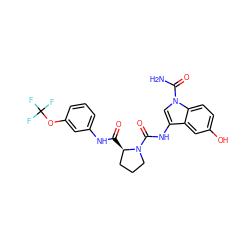 NC(=O)n1cc(NC(=O)N2CCC[C@H]2C(=O)Nc2cccc(OC(F)(F)F)c2)c2cc(O)ccc21 ZINC000148461836