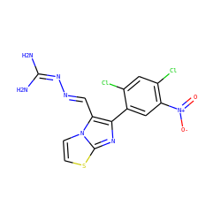 NC(N)=N/N=C/c1c(-c2cc([N+](=O)[O-])c(Cl)cc2Cl)nc2sccn12 ZINC000013005177