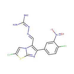 NC(N)=N/N=C/c1c(-c2ccc(Cl)c([N+](=O)[O-])c2)nc2sc(Cl)cn12 ZINC000005974001