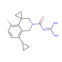 NC(N)=NC(=O)N1Cc2c(C3CC3)ccc(F)c2C2(CC2)C1 ZINC000203410446