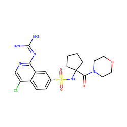 NC(N)=Nc1ncc(Cl)c2ccc(S(=O)(=O)NC3(C(=O)N4CCOCC4)CCCC3)cc12 ZINC000014960859