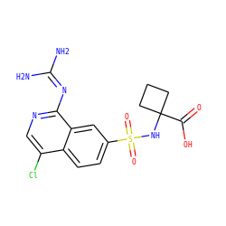 NC(N)=Nc1ncc(Cl)c2ccc(S(=O)(=O)NC3(C(=O)O)CCC3)cc12 ZINC000014960792