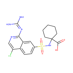 NC(N)=Nc1ncc(Cl)c2ccc(S(=O)(=O)NC3(C(=O)O)CCCCC3)cc12 ZINC000014960800