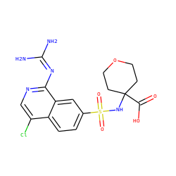 NC(N)=Nc1ncc(Cl)c2ccc(S(=O)(=O)NC3(C(=O)O)CCOCC3)cc12 ZINC000014960804
