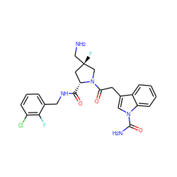 NC[C@@]1(F)C[C@@H](C(=O)NCc2cccc(Cl)c2F)N(C(=O)Cc2cn(C(N)=O)c3ccccc23)C1 ZINC000148236483