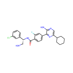 NC[C@@H](NC(=O)c1ccc(-c2nc(C3CCCCC3)cnc2N)cc1F)c1cccc(Cl)c1 ZINC001772614556