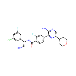 NC[C@@H](NC(=O)c1ccc(-c2nc(C3CCOCC3)cnc2N)cc1F)c1cc(F)cc(Cl)c1 ZINC001772576181