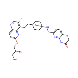 NC[C@@H](O)COc1ccc2ncc(F)c(CCC34CCC(NCc5ccc6c(n5)NC(=O)CO6)(CC3)CO4)c2n1 ZINC000149204364