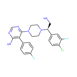 NC[C@@H](c1ccc(Cl)c(F)c1)N1CCN(c2ncnc(N)c2-c2ccc(F)cc2)CC1 ZINC000218679519