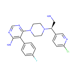 NC[C@@H](c1ccc(Cl)nc1)N1CCN(c2ncnc(N)c2-c2ccc(F)cc2)CC1 ZINC000206941138