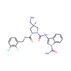 NC[C@]1(F)C[C@@H](C(=O)NCc2cccc(Cl)c2F)N(C(=O)Nc2cn(C(N)=O)c3ccccc23)C1 ZINC000205056511