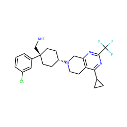 NC[C@]1(c2cccc(Cl)c2)CC[C@@H](N2CCc3c(nc(C(F)(F)F)nc3C3CC3)C2)CC1 ZINC000146245539