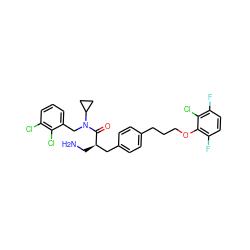 NC[C@H](Cc1ccc(CCCOc2c(F)ccc(F)c2Cl)cc1)C(=O)N(Cc1cccc(Cl)c1Cl)C1CC1 ZINC000049780778