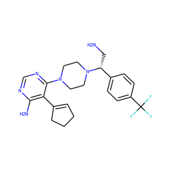 NC[C@H](c1ccc(C(F)(F)F)cc1)N1CCN(c2ncnc(N)c2C2=CCCC2)CC1 ZINC000218690925