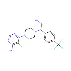 NC[C@H](c1ccc(C(F)(F)F)cc1)N1CCN(c2ncnc(N)c2Cl)CC1 ZINC000206941194